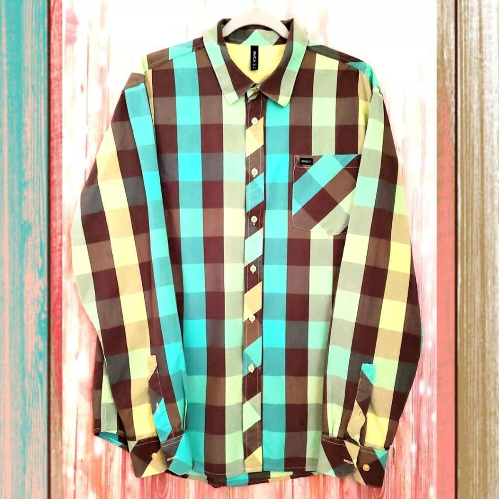 RVCA Mens Button Up Long Sleeve Cotton Blue Green Yellow Check Plaid Shirt XL